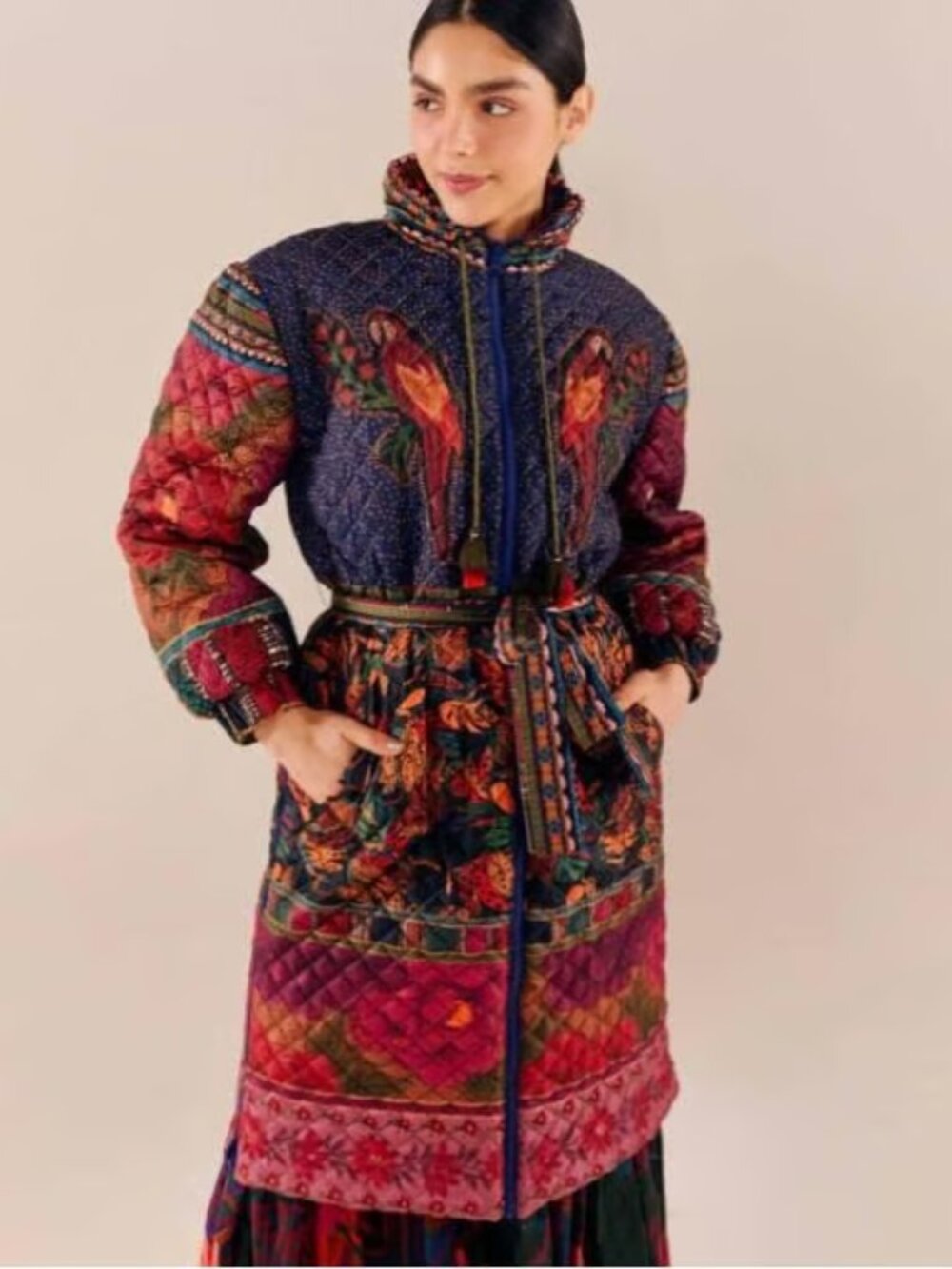 NWT FARM RIO Patchwork Midi Puffer Coat Reversible Quilted Parrot